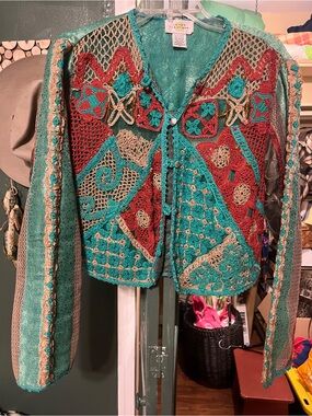 Stunning Crochet Patchwork Cardigan in Teal, Rust & Tan